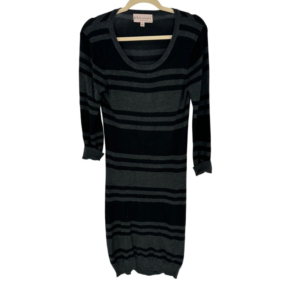 Philosophy Striped Midi Sweater Dress Womens S Black Gray 3/4 Sleeve Knit Scoop